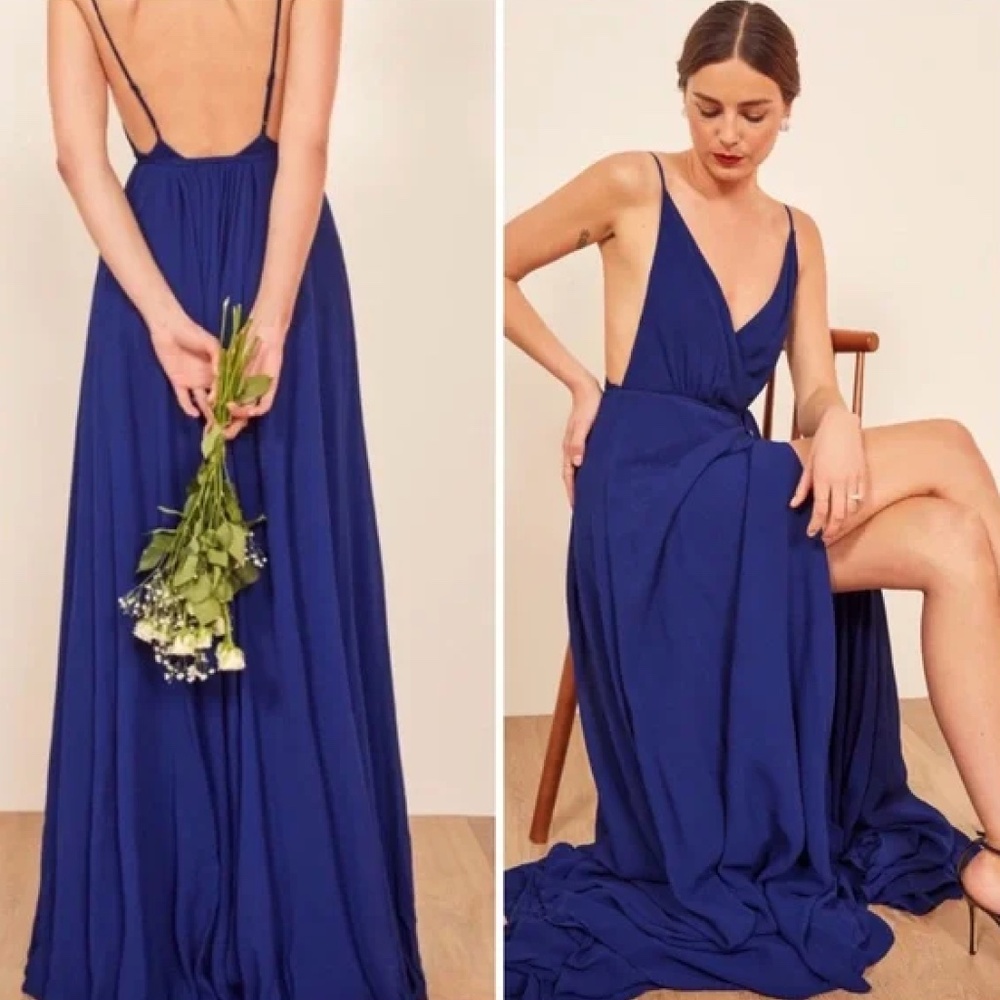 Reformation Cobalt Blue Plunge V-Back Wedding Gown